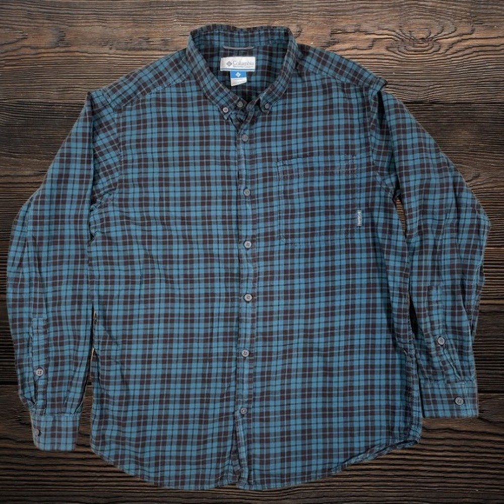 Columbia Mens Large Plaid Button Down Shirt Teal Brown Long Sleeve Cotton L‎